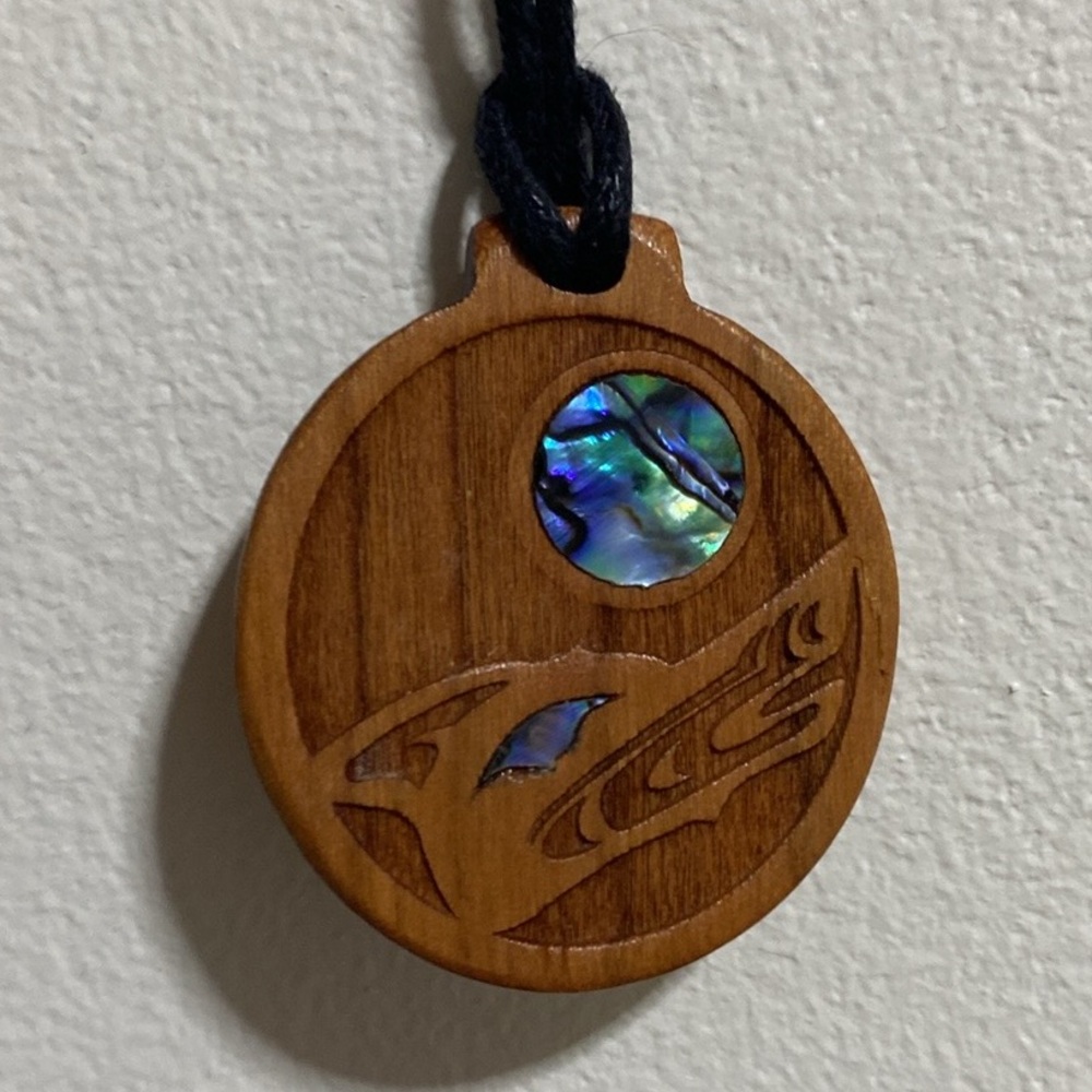 Wood and Abalone Wolf Pendant by Artist Shain Jackson